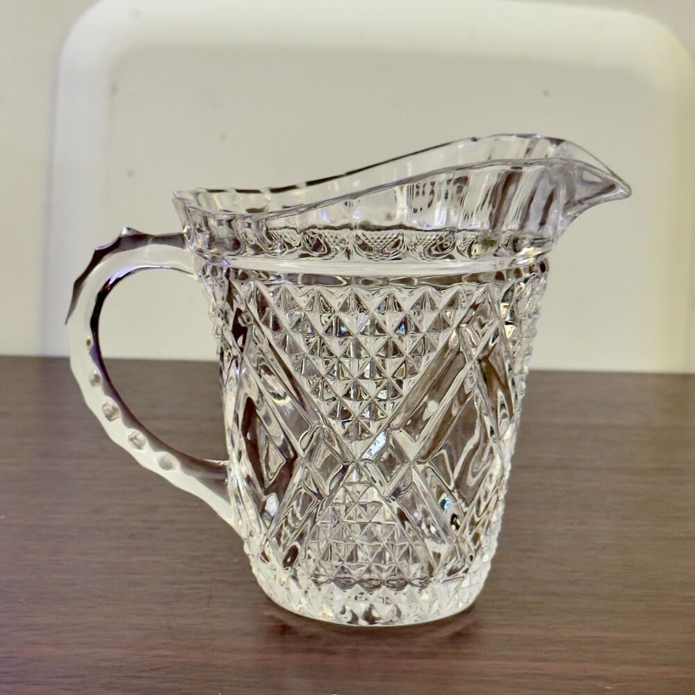 Vintage FTD 1985 Clear Crystal Glass Milk Gravy Pitcher With Diamond Pattern